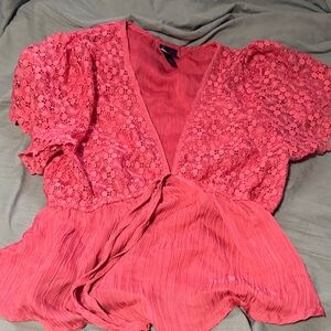 Women's Pink Lace & Pleated V-Neck Top